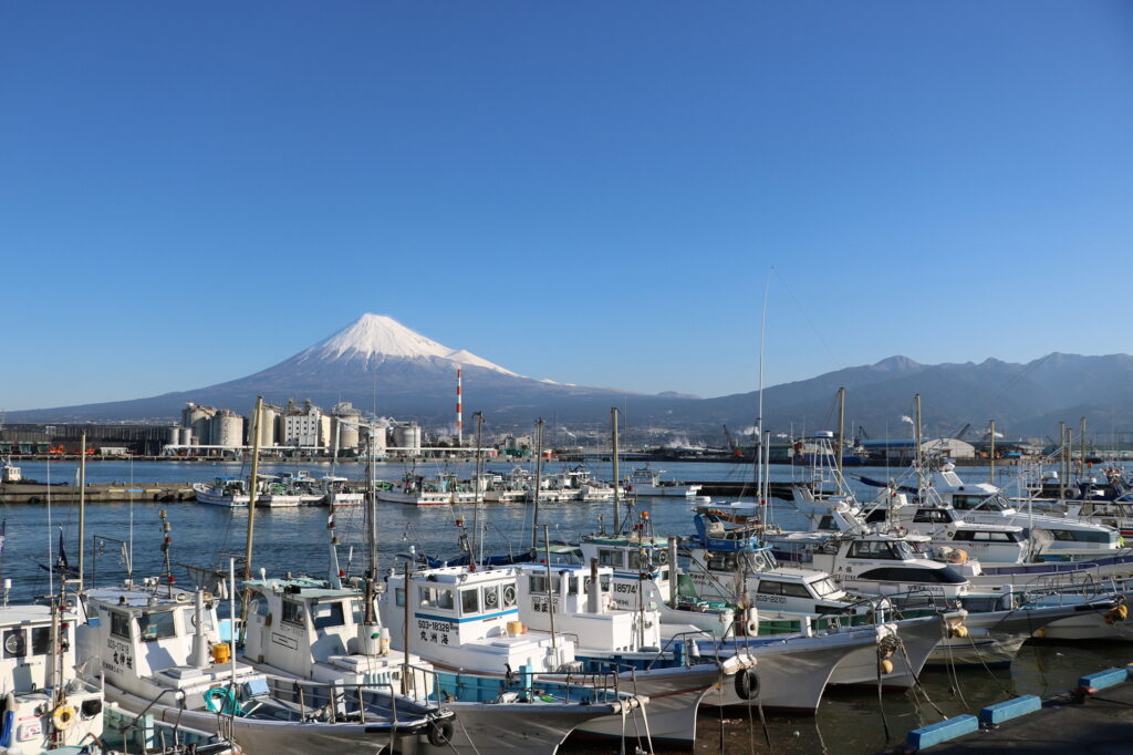 田子の浦港の漁船と富士山