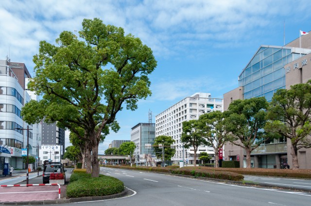 富士市中心部の青葉通りと高層マンション